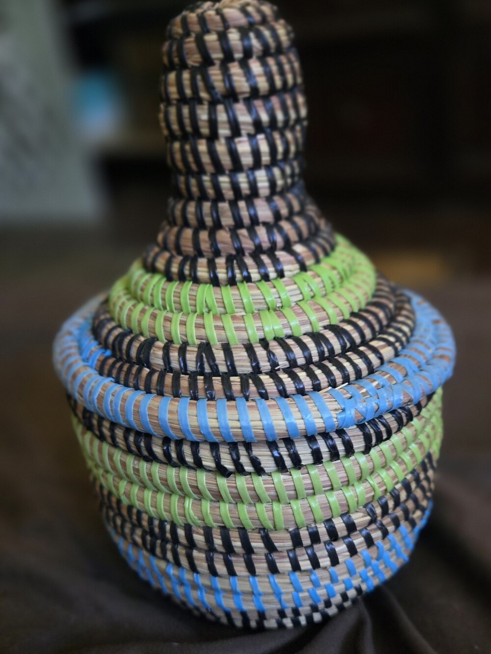 Handwoven Blue & Green Decorative Lidded Basket -Handmade